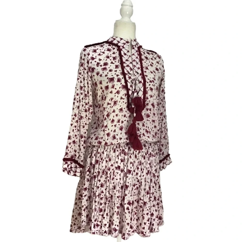 POUPETTE ST BARTH Donna Tunica Mini Dress in Rayon Georgette Print Purple Tassel - Picture 3 of 11